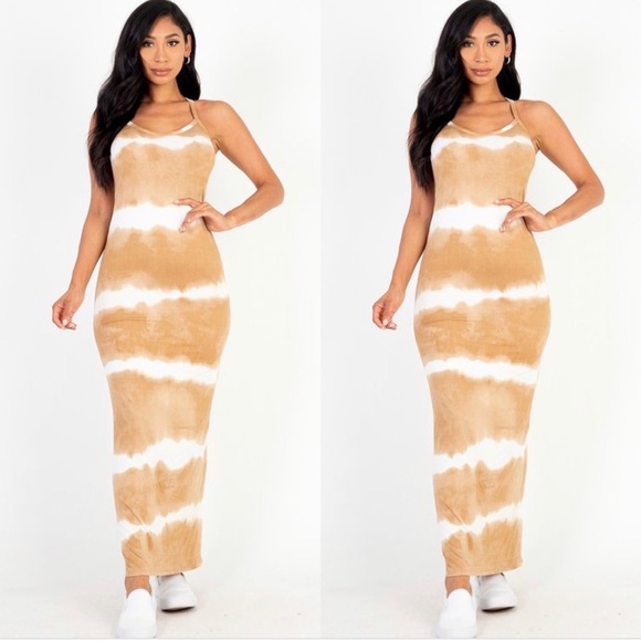 NEW ARRIVAL WOMEN MUSTARD YELLOW STRIPE TIE DYE RACERBACK TANK TOP MAXI DRESS - Picture 9 of 9